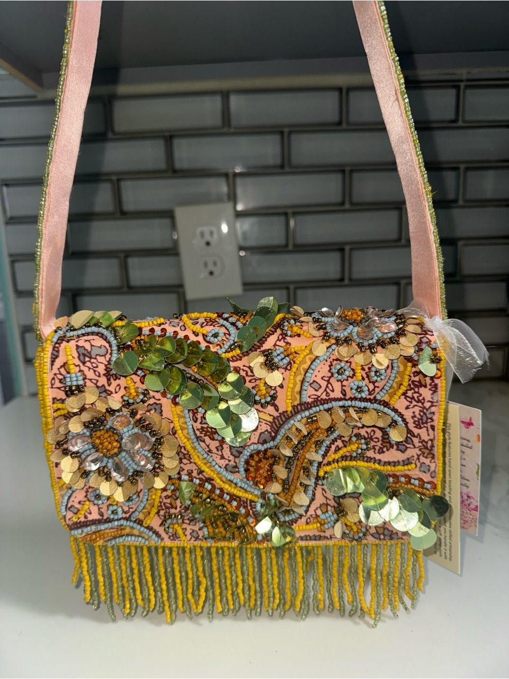 TJ Maxx Viral Floral Paisley Print Yellow/Green/Peach Colored Beaded Bag NWT!!